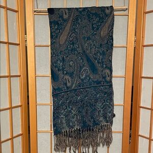 Paisley Patterned Scarf with Fringe Shades of Blue